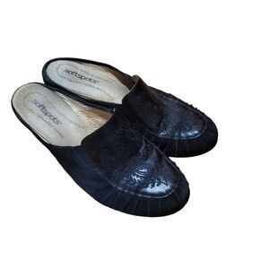Softspots clogs gently used black embroidered leather/suede, 3 in heel, size 9.5
